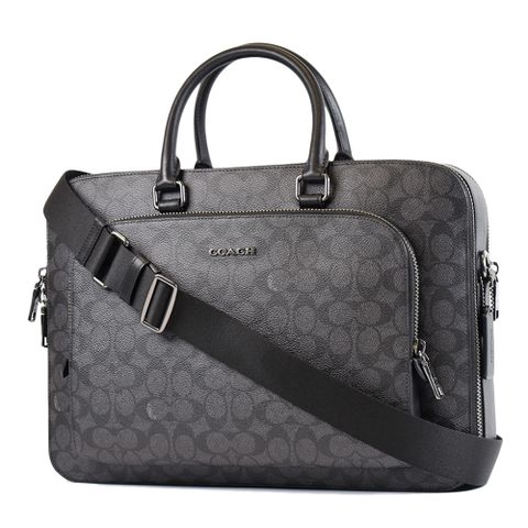 COACH 男款 緹花LOGO防刮雙拉鍊置物手提/斜背二用公事包-灰黑色