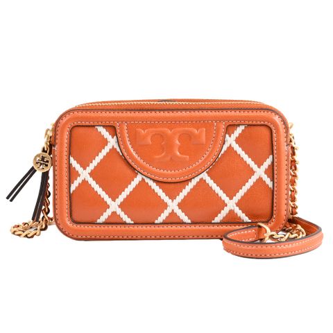 TORY BURCH 135693 Fleming 立體LOGO雙層拉鍊斜背小包.橘