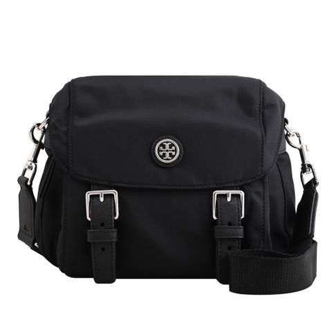 TORY BURCH 85054 Virginia 金屬LOGO尼龍翻蓋斜背包.黑