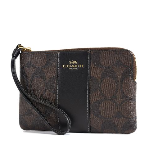 COACH 配色防刮皮革手拿包-咖啡黑