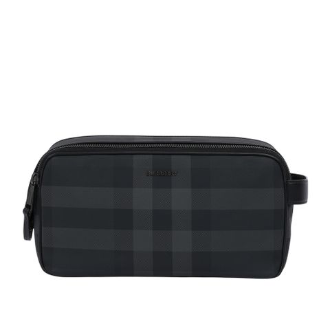 BURBERRY 格紋塗層帆布及牛皮雙拉鍊收納包/手拿包(炭灰色) 80718541