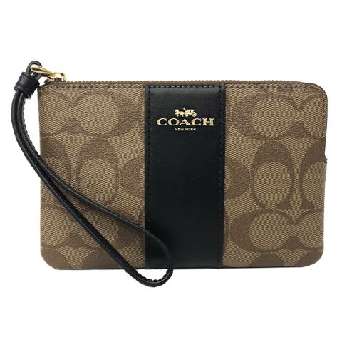 【COACH】C LOGO直紋手拿/零錢包(焦糖/黑)