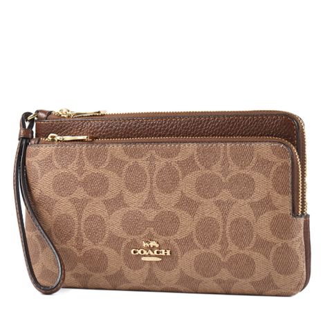 COACH 緹花LOGO防刮皮革大小雙層拉鍊大手拿包-焦糖色