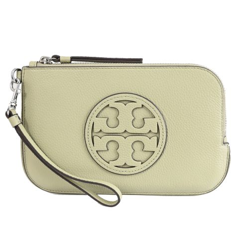 TORY BURCH 148983 經典LOGO荔枝皮革拉鍊手拿包.淺綠