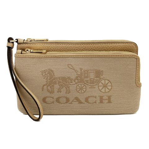 COACH 蔻馳 素面大馬車帆布長夾式雙層大手拿包/零錢包(奶茶色)