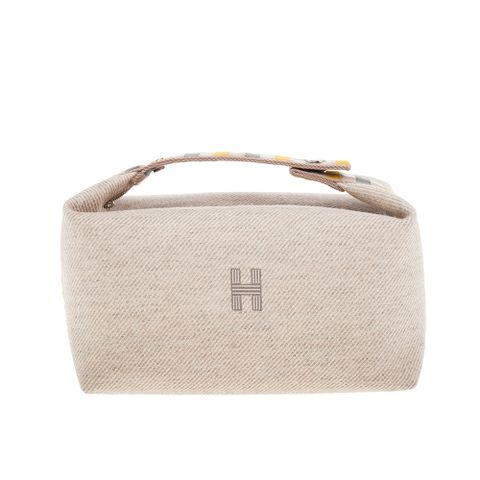 HERMES 愛馬仕 新款 Bride-a-Brac case帆布格紋提把收納手提包 (米膚色/大號)