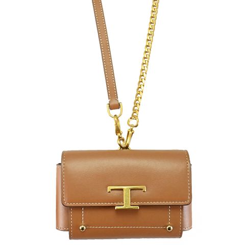TODS T Timeless 金屬LOGO小牛皮頸掛包/鏈條手拿包.咖