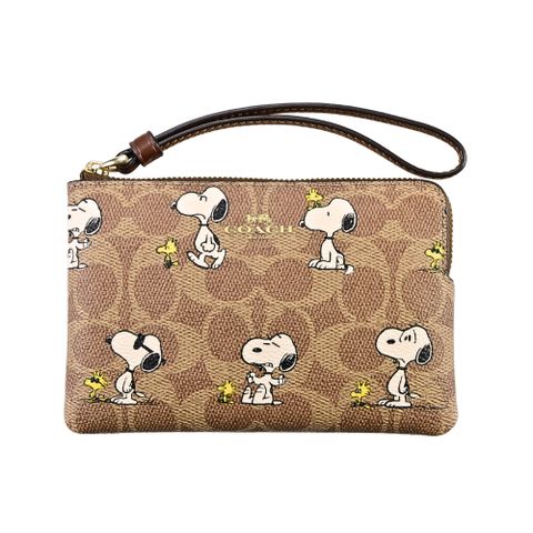 COACH X PEANUTS史努比圖印深淺棕C LOGO PVC皮革掛帶L型拉鍊萬用手拿包