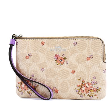 COACH 小碎花緹花LOGO防刮皮革手拿包-灰褐