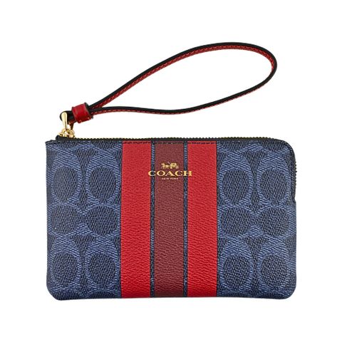 COACH熱情紅雙色條紋壓印丹寧藍C LOGO PVCL型拉鍊手拿包