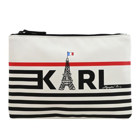 KARL LAGERFELD 卡爾 鐵塔條紋印花萬用收納包.白/黑邊