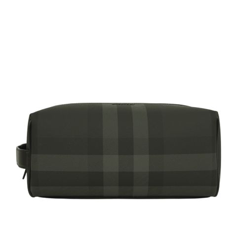 BURBERRY 格紋塗層帆布及牛皮收納包/手拿包/萬用包(炭灰色)