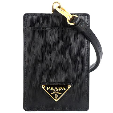 PRADA 普拉達 三角標誌黑直紋皮革掛繩證件夾