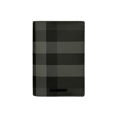 BURBERRY 格紋塗層帆布及牛皮直式二折卡片夾/名片夾(炭灰色)