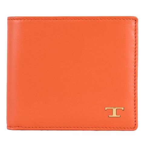 TODS 復古金屬T LOGO小牛皮對開八卡短夾.橘