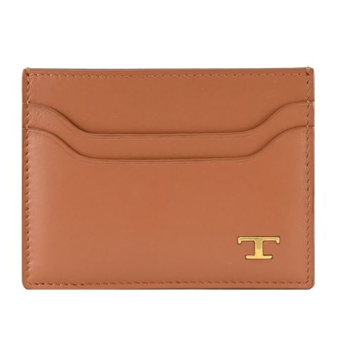 TODS 復古金屬T LOGO小牛皮5卡隨身卡夾/名片夾.淺棕