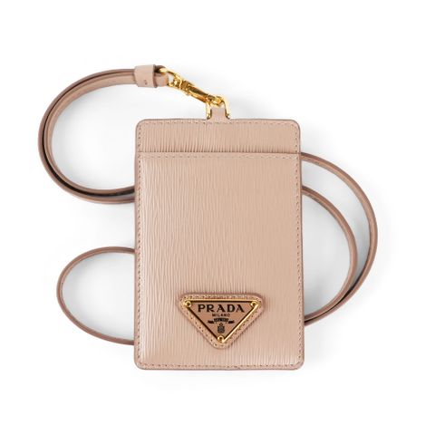PRADA 金色三角牌Logo 水波紋皮革掛式證件套/卡夾(藕粉色) 1MC007 2DDU F0236