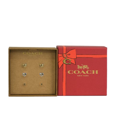 COACH 蔻馳 泰迪熊/愛心/圓形玻璃水鑽造型耳環禮盒組(金色/銀色)