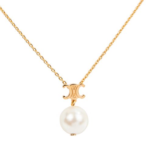 CELINE 新款Les Perles Celine樹脂珍珠金色飾面黃銅項鍊 (金色)