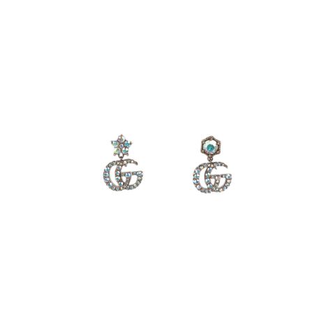 GUCCI 古馳 GG Logo 花朵及星星水晶墜飾造型針式耳環(古銅金)