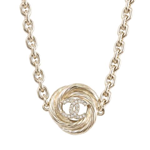CHANEL ABF860 經典雙C LOGO鑲嵌水鑽鎖骨項鍊.淡金
