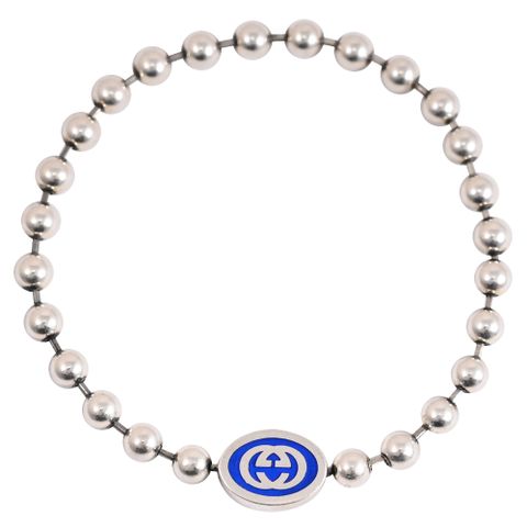 GUCCI 古馳 經典雙G LOGO小圓珠純銀手鍊.藍/銀