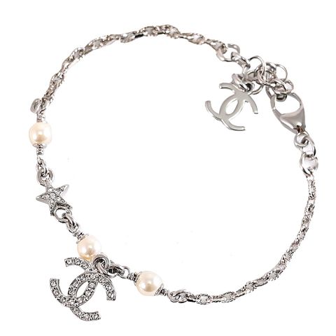 CHANEL 香奈兒 水鑽雙C LOGO星星綴飾珠珠手鍊.銀