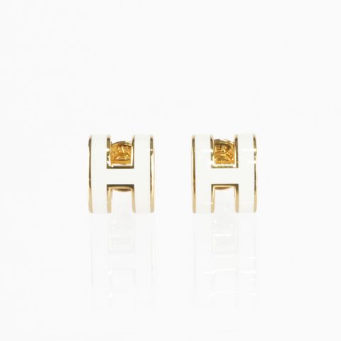 HERMES Mini Pop H立體簍空橢圓LOGO耳環(白色/金色) H608002F 49
