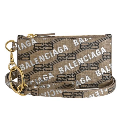 BALENCIAGA 巴黎世家 594548 品牌LOGO燙銀印花斜背頸掛證件零錢包.咖