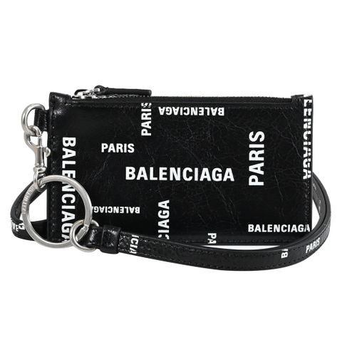 BALENCIAGA 巴黎世家 個性LOGO印花羊皮斜背頸掛卡片零錢包.黑