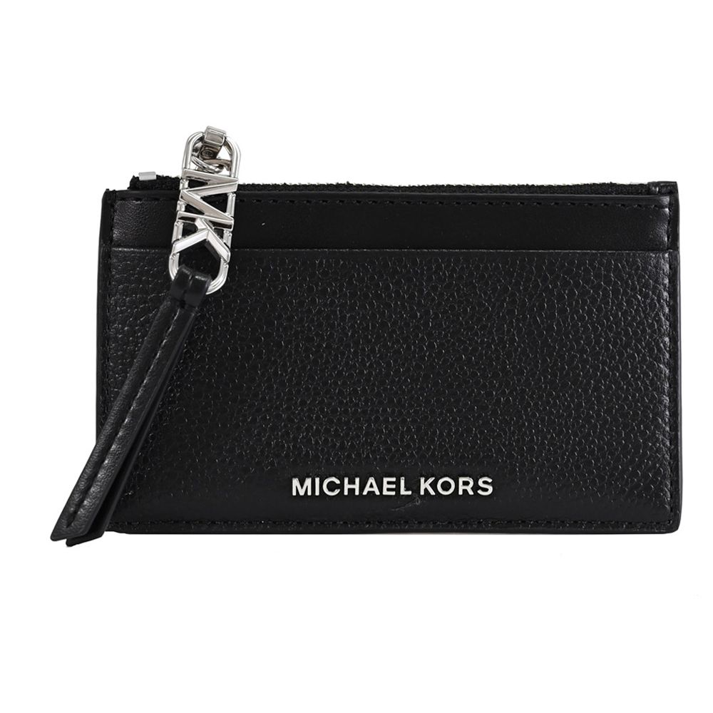 Michael Kors EMPIRE 荔枝皮革卡片零錢包.黑銀