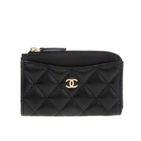 CHANEL 香奈兒 經典荔枝牛皮CC LOGO拉鍊零錢卡片包 (黑色)