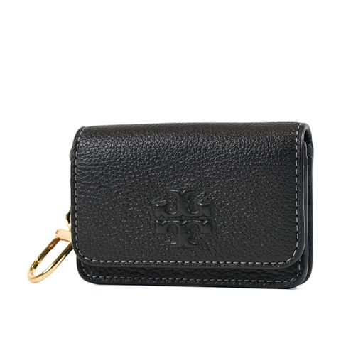 TORY BURCH THEA 浮雕LOGO荔枝紋釦式卡包/零錢包-黑色