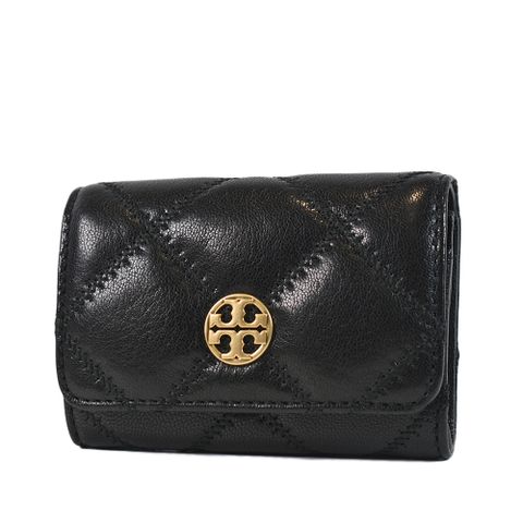TORY BURCH Willa 菱格紋皮革翻蓋卡包-金釦黑