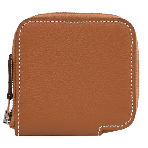 HERMES Silk Evercolor牛皮拉鍊絲巾零錢包.金棕/海藍