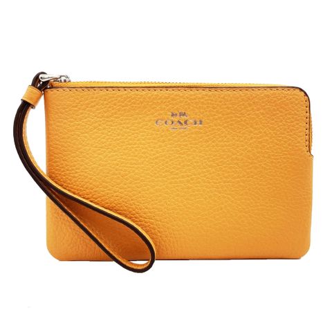 COACH 蔻馳 【COACH】經典LOGO素面牛皮手拿包/零錢包(奶油黃)