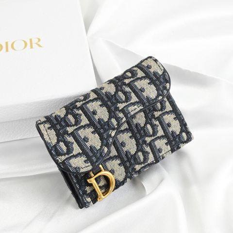 Christian Dior Saddle 滿版LOGO緹花釦式卡片零錢包.深藍