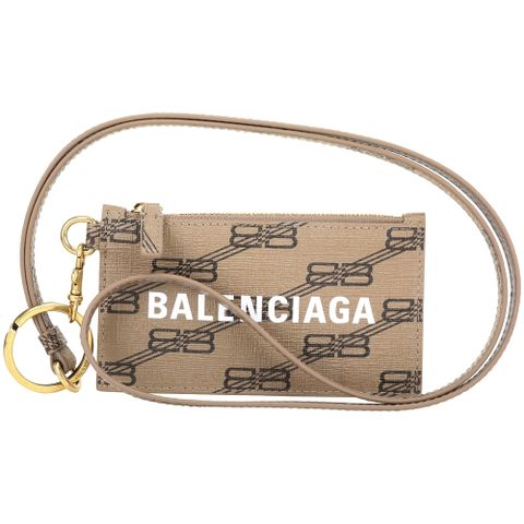 BALENCIAGA 巴黎世家 BB Monogram 塗層帆布印花附掛繩卡片夾/零錢包(卡其棕)