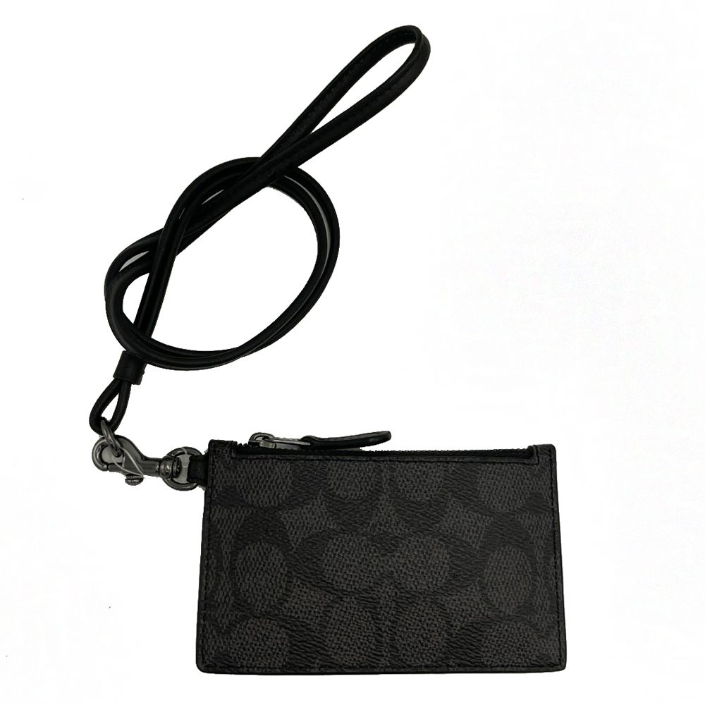 COACH 蔻馳 C LOGO男中性款信用卡名片卡夾掛頸零錢包(黑灰)