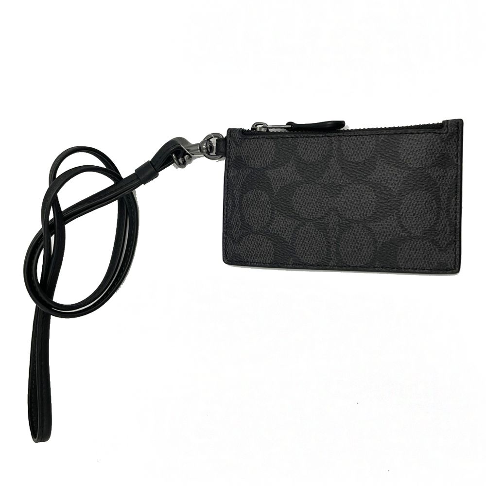 COACH 蔻馳 C LOGO男中性款信用卡名片卡夾掛頸零錢包(黑灰)