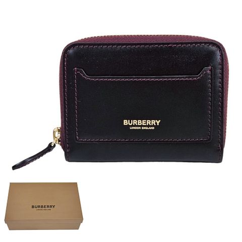 BURBERRY 巴寶莉 酒紅拚黑拉鍊零錢包/贈原廠防塵袋紙袋紙盒