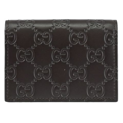 GUCCI 779844 滿版GG LOGO壓花皮革釦式卡片零錢包.深咖