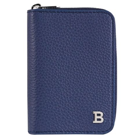 BALLY 6310111 BALEE 金屬LOGO荔枝牛皮拉鍊卡片零錢包.深淵藍