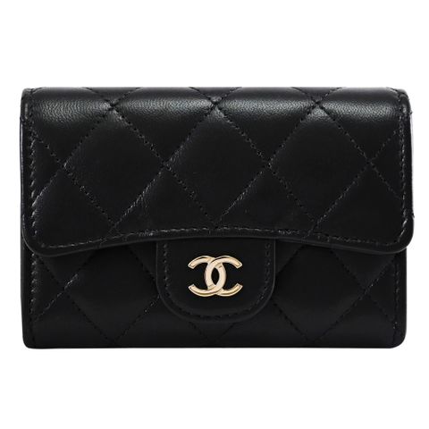 CHANEL AP4096 經典雙C LOGO小羊皮釦式零錢卡包.黑/淡金