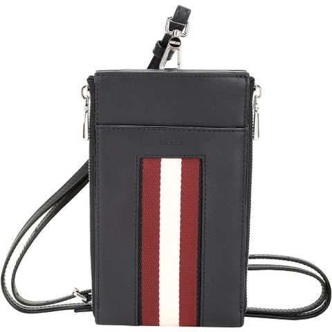 BALLY Belet 紅白條紋多用途掛頸帶牛皮隨身包(黑色)