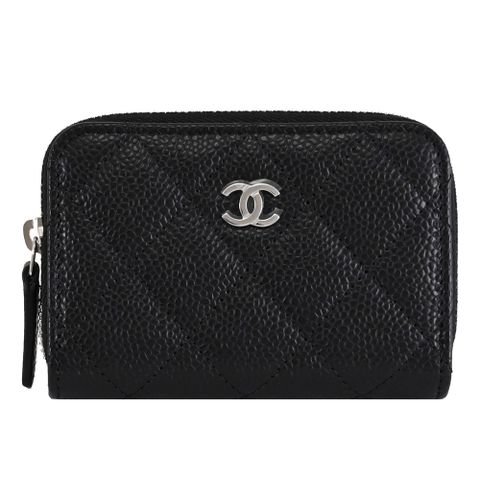 CHANEL AP0216 經典雙C LOGO小牛皮拉鍊零錢卡包.黑/銀