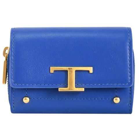 TODS T Timeless 金屬LOGO牛皮卡片零錢收納包.寶藍