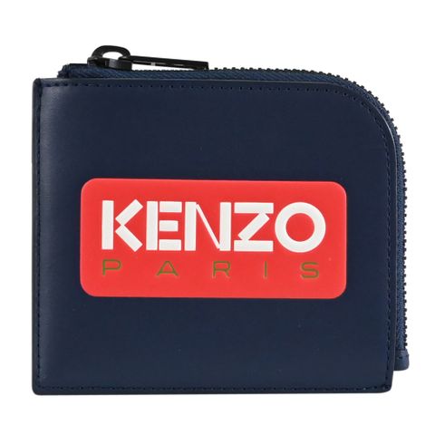 KENZO 5PM823 壓印LOGO皮革L型拉鍊零錢包.深藍