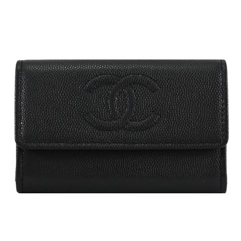 CHANEL AP4705 經典雙C LOGO亮面粒紋釦式零錢卡包.黑