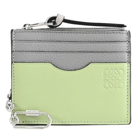 LOEWE 烙印LOGO撞色小牛皮鑰匙卡片零錢包.淺綠/灰